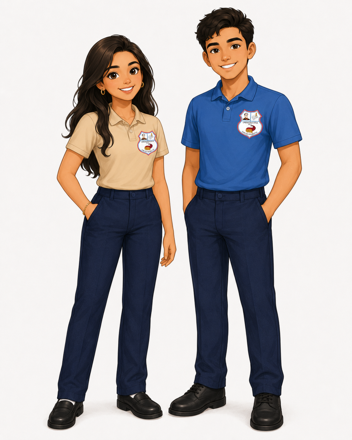 Uniforme de bachillerato: chemise beige o azul, pantalón azul marino y zapatos negros