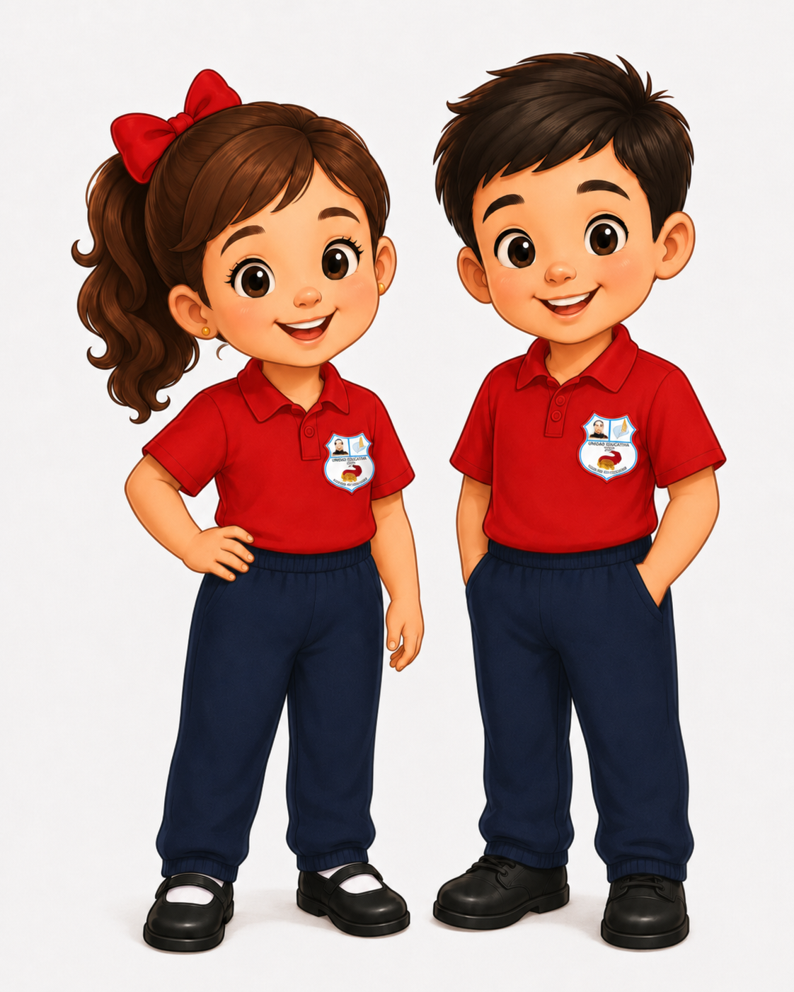Uniforme de preescolar: franela roja, pantalón azul marino y zapatos negros